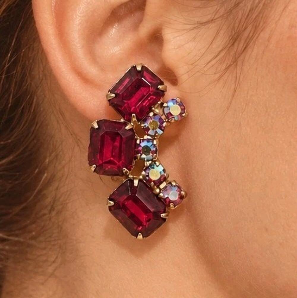 Vintage Red Rhinestone & Aurora Borealis Clip On Earrings Gold Tone Statement